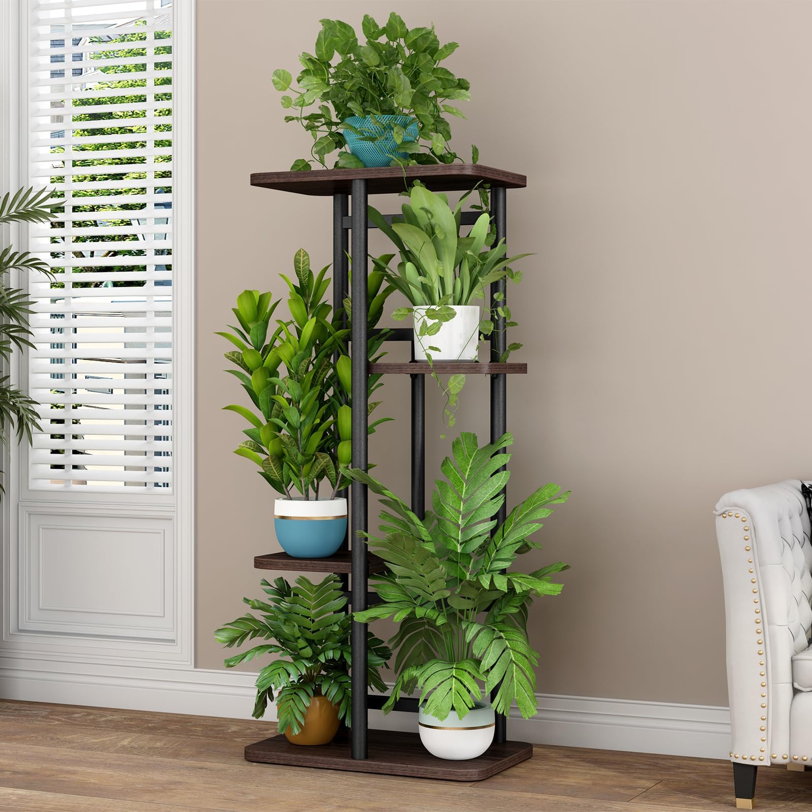 Linzinar plant stand 4-tier mid-view reveals four levels and pot capacity