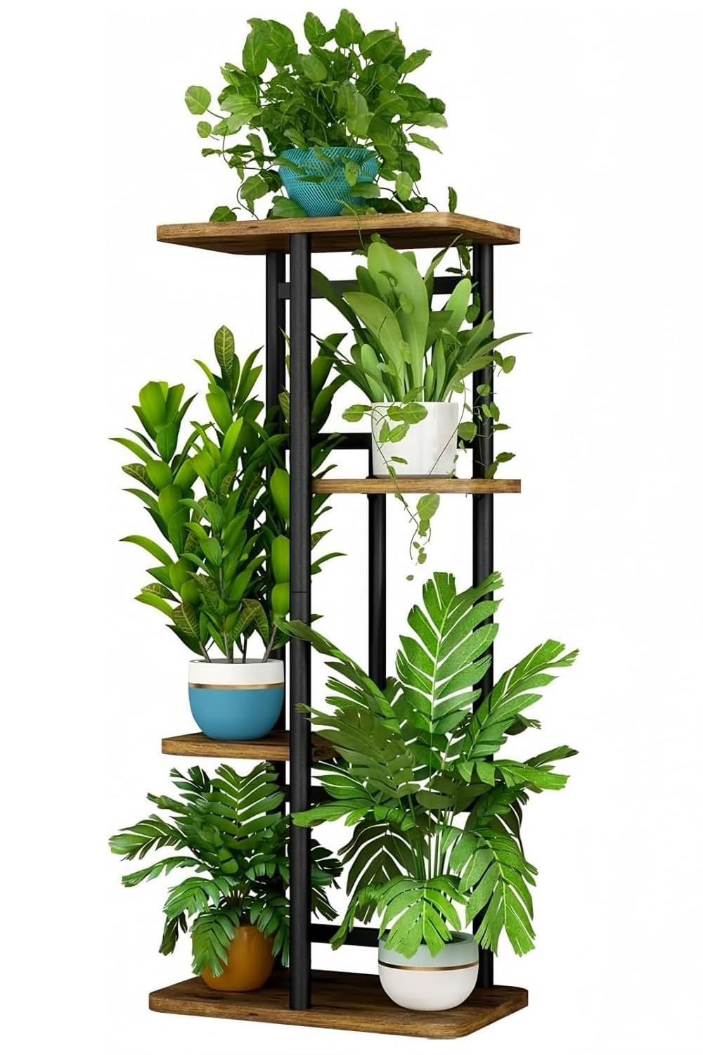LINZINAR plant stand 4-tier front view shows sturdy iron frame ideal for apartment greenery.