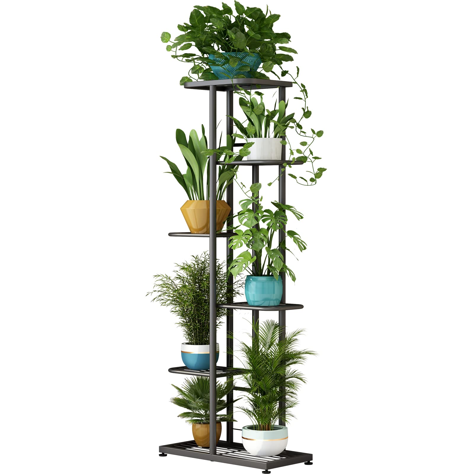 LINZINAR 6-tier plant stand displaying seven pots, space-saving for indoor display.
