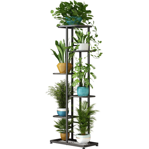 LINZINAR 6-tier plant stand displaying seven pots, space-saving for indoor display.