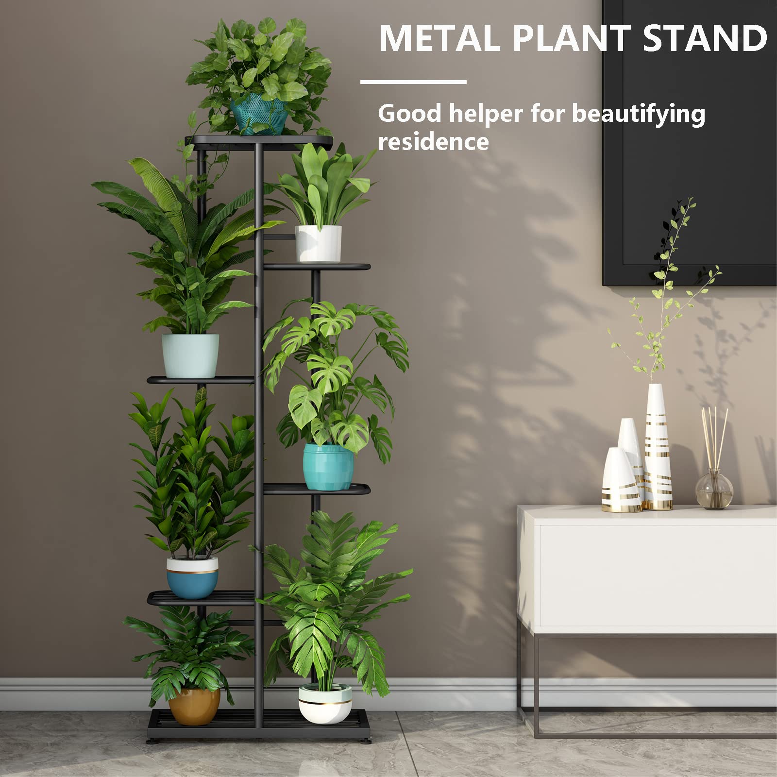 LINZINAR 7-pots plant stand on a patio, sturdy metal frame for outdoor use.