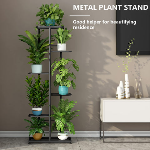 LINZINAR 7-pots plant stand on a patio, sturdy metal frame for outdoor use.