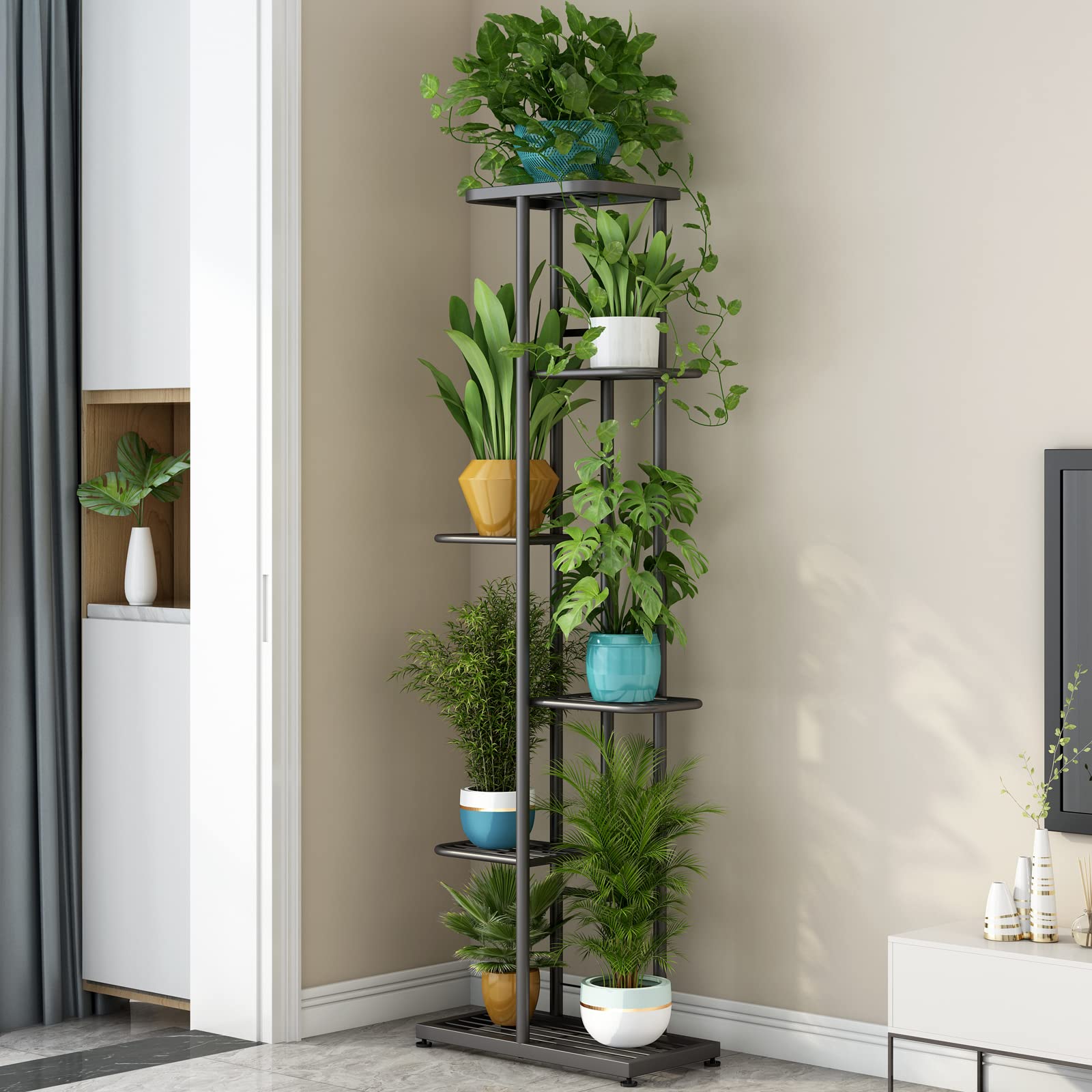LINZINAR plant stand with metal grid keeps pots secure and evenly supported.