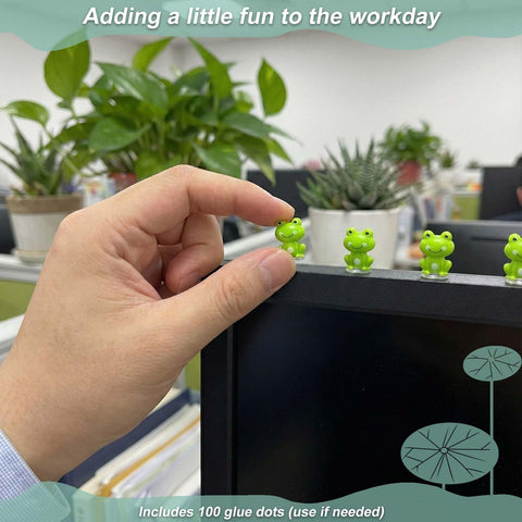 LionWell mini green frog figurines in a tiny house diorama setup