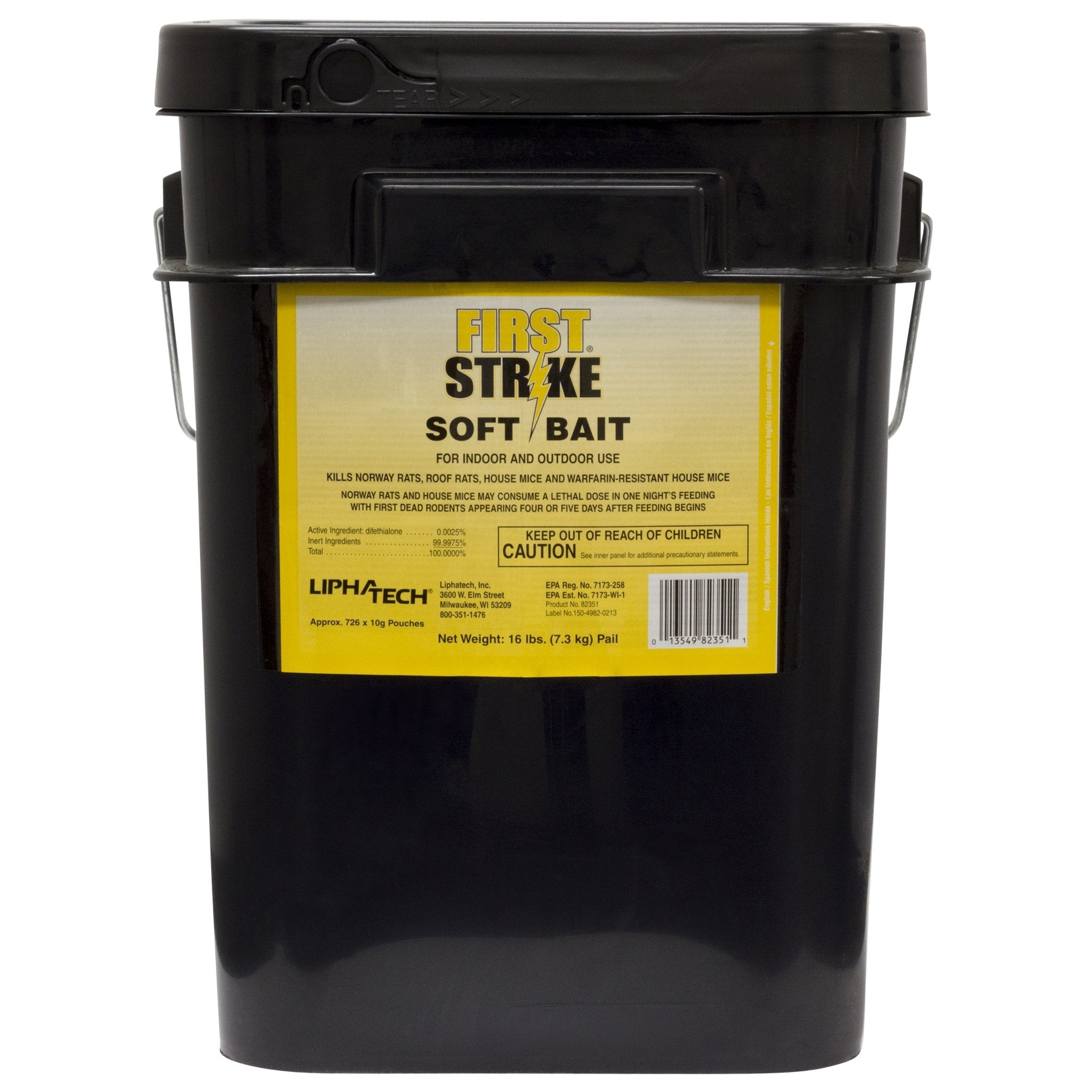 LIPHA TECH First Strike soft bait bucket for effective rodent control in warehouses and storage facilities.