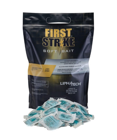 Lipha Tech FirstStrike rodent bait 10g pellet packaging designed for easy PMP deployment