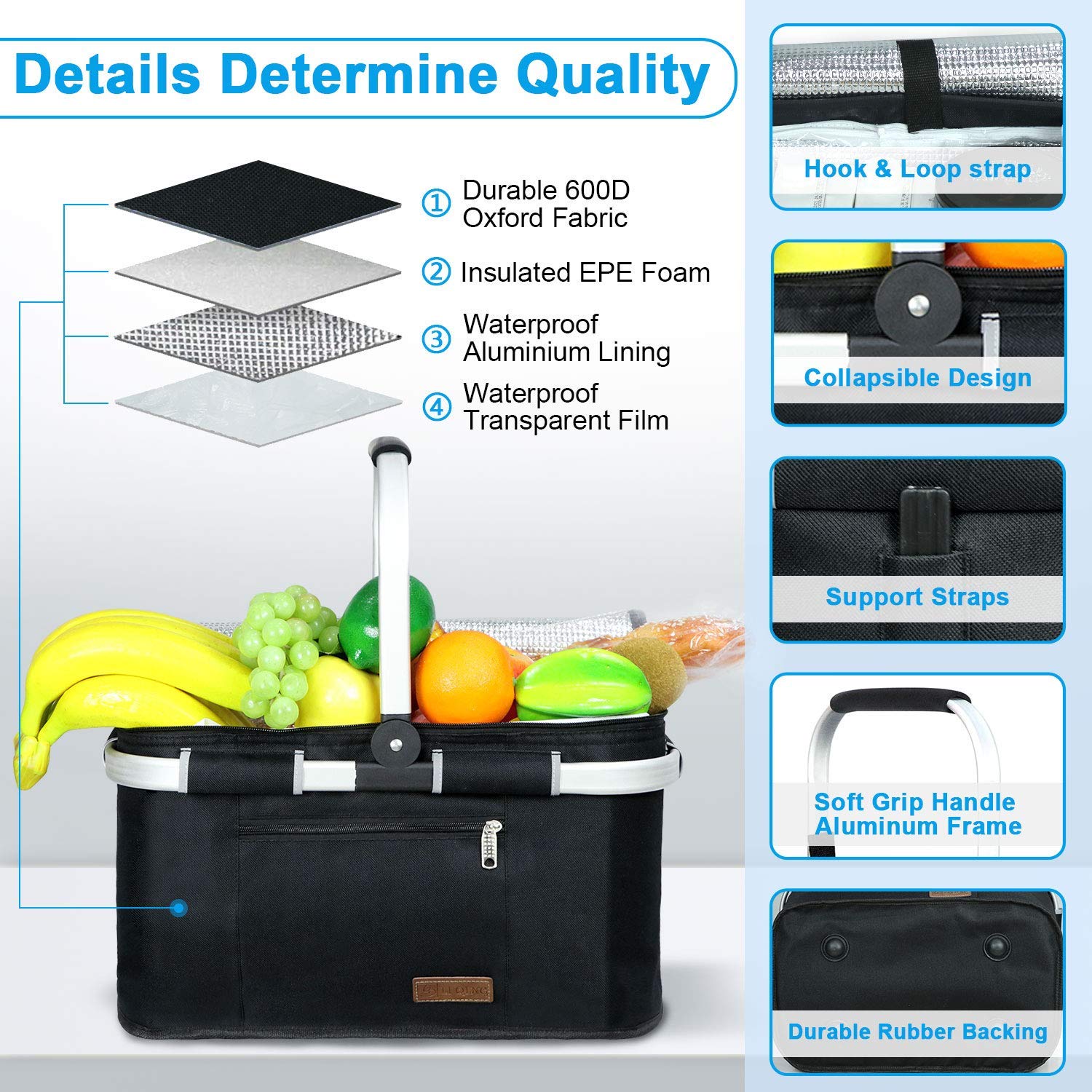 LIQING insulated liner keeps foods fresh during picnics and outings.