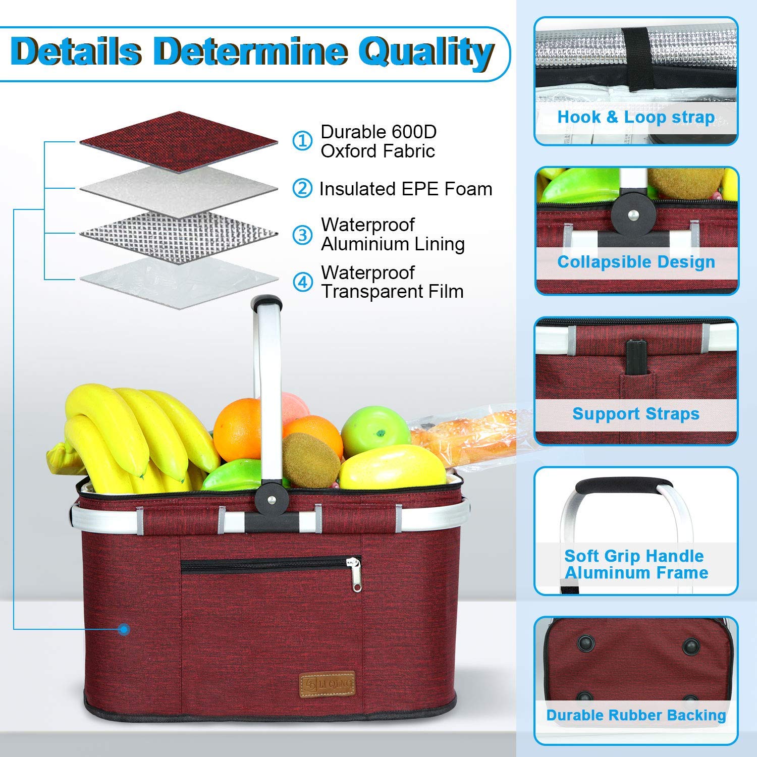LIQING 35L large picnic basket in wine red color