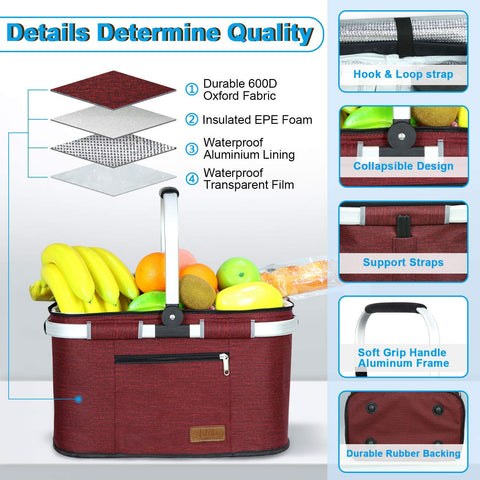 LIQING 35L large picnic basket in wine red color