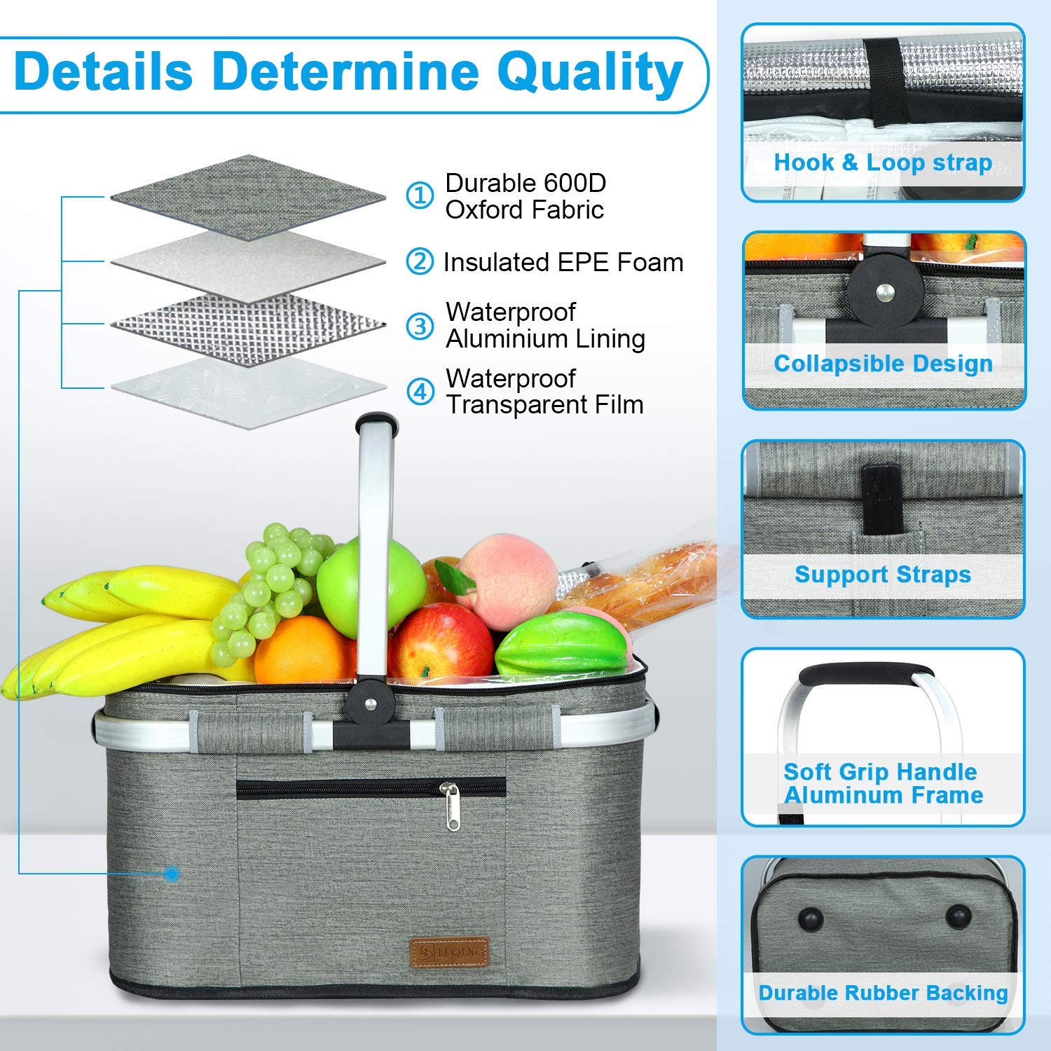LIQING 35L picnic basket insulation layer preserves temperature during outings.