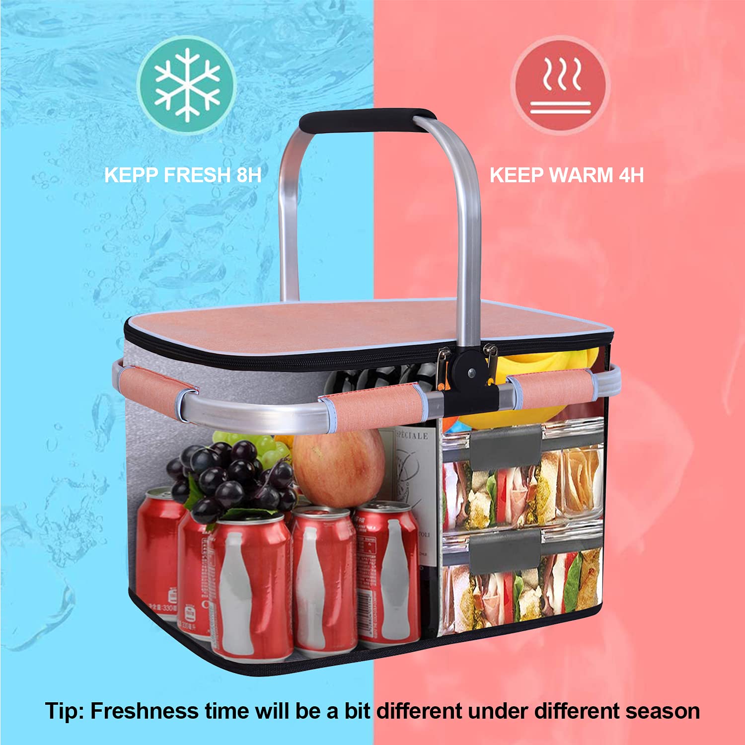 LIQING 35L picnic basket two-layer internal pockets for organization.