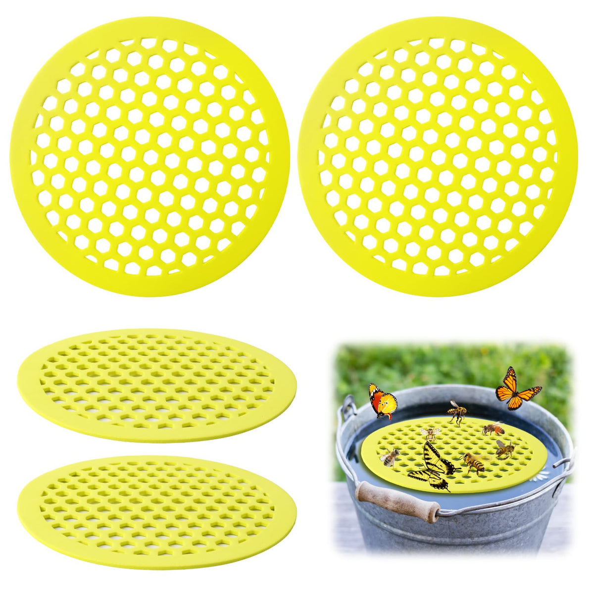 Liqqlex Floating Bee Island in EVA foam, 4-pack, buoyant and durable for gardens.