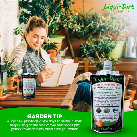 Liqui-Dirt eco-friendly packaging supporting sustainable gardening.
