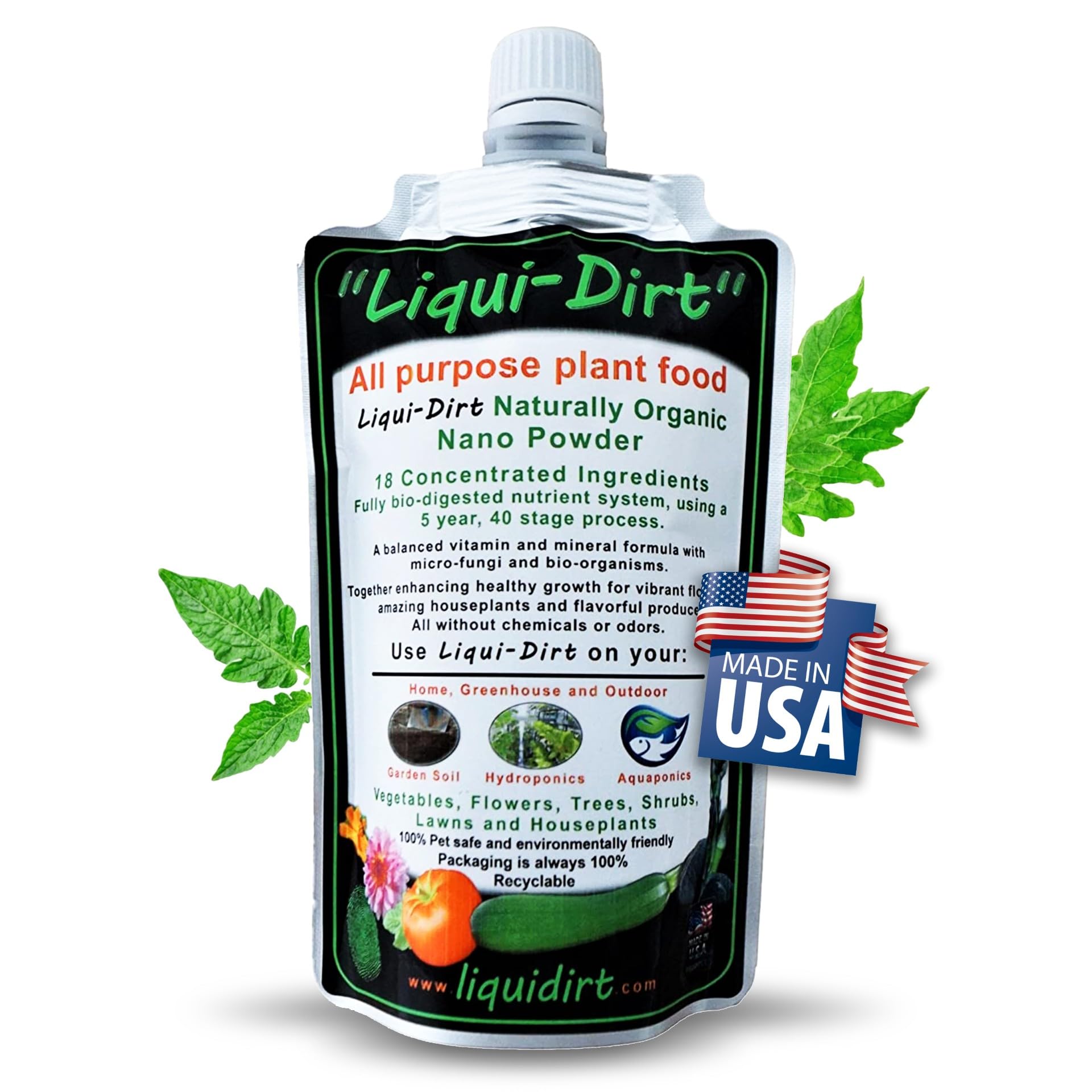 Liqui-Dirt organic fertilizer bottle, ready for indoor and outdoor feeding.