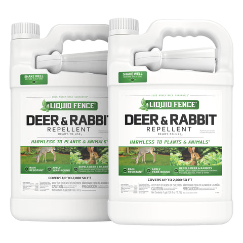 Liquid Fence deer and rabbit repellent bottle label showing scent-based garden protection