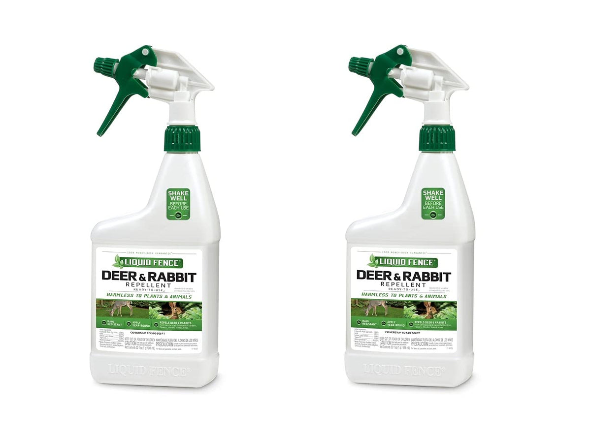 Liquid Fence Deer & Rabbit Repellent bottle spray deters garden pests.