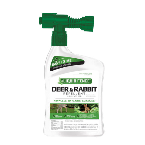 Liquid Fence Deer and Rabbit Repellent bottle pour protects plants from nibbling pests.