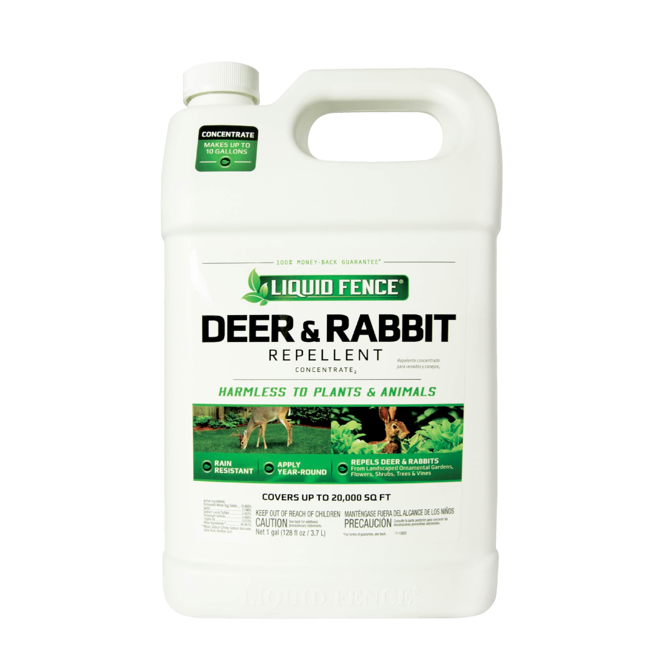 Liquid Fence Deer & Rabbit Repellent Concentrate bottle protecting flowers from deer and rabbits.