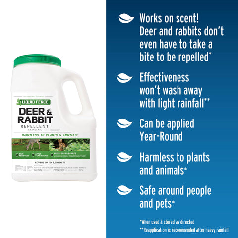 Liquid Fence Deer & Rabbit Repellent Granular being applied around plants to create a scent barrier.