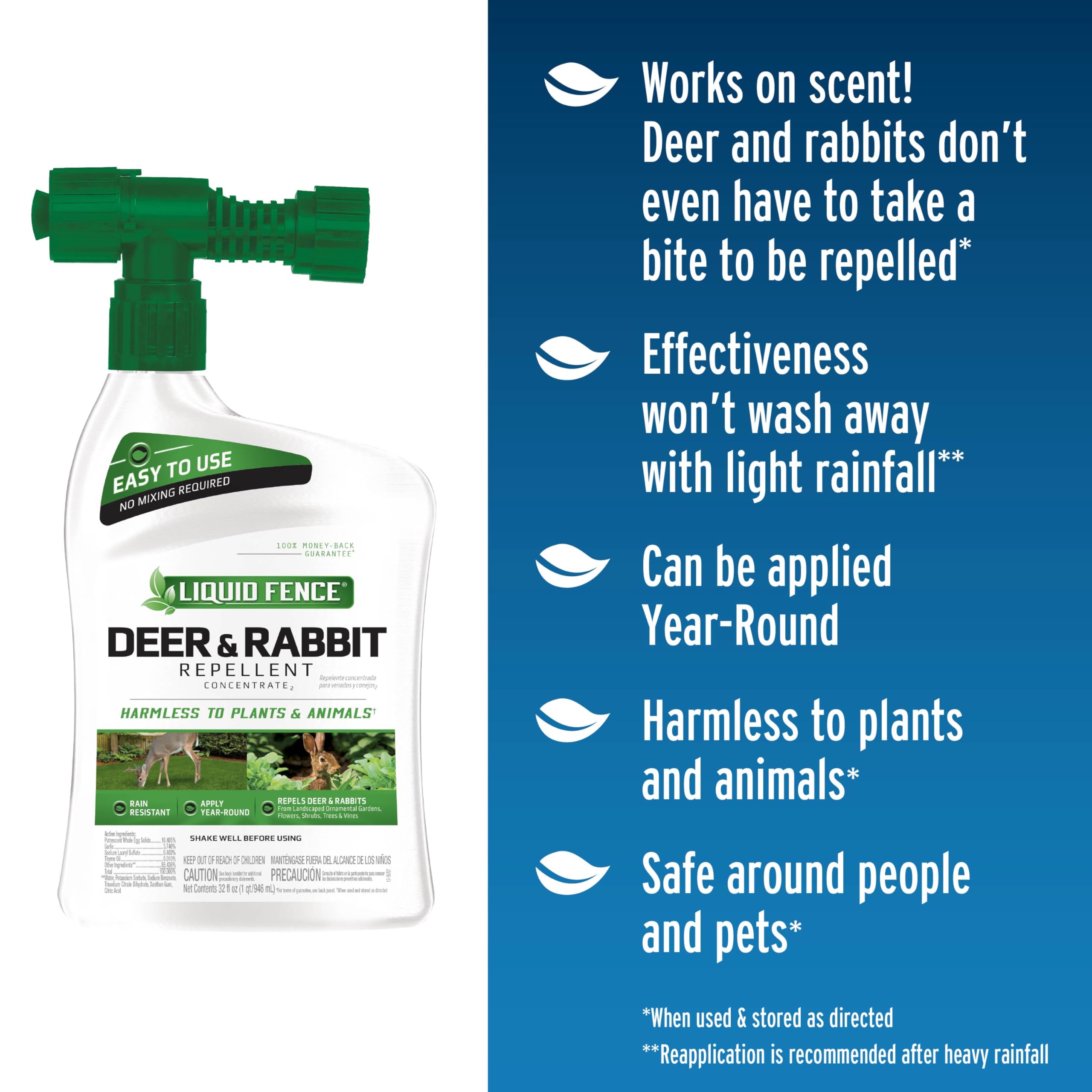 Liquid Fence Deer and Rabbit Repellent hose-end sprayer setup enables quick, easy application.