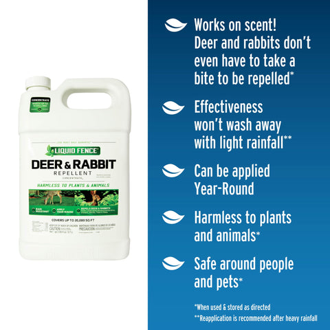 Liquid Fence Deer & Rabbit Repellent being sprayed on plants to deter deer and rabbits.