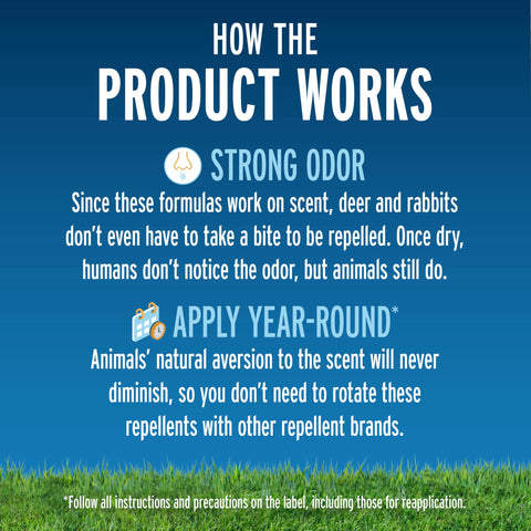 Year-round-use capable repellent for continuous landscape protection.