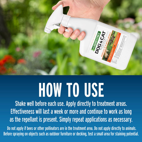Liquid Fence repellent on shrubs to discourage pet activity.