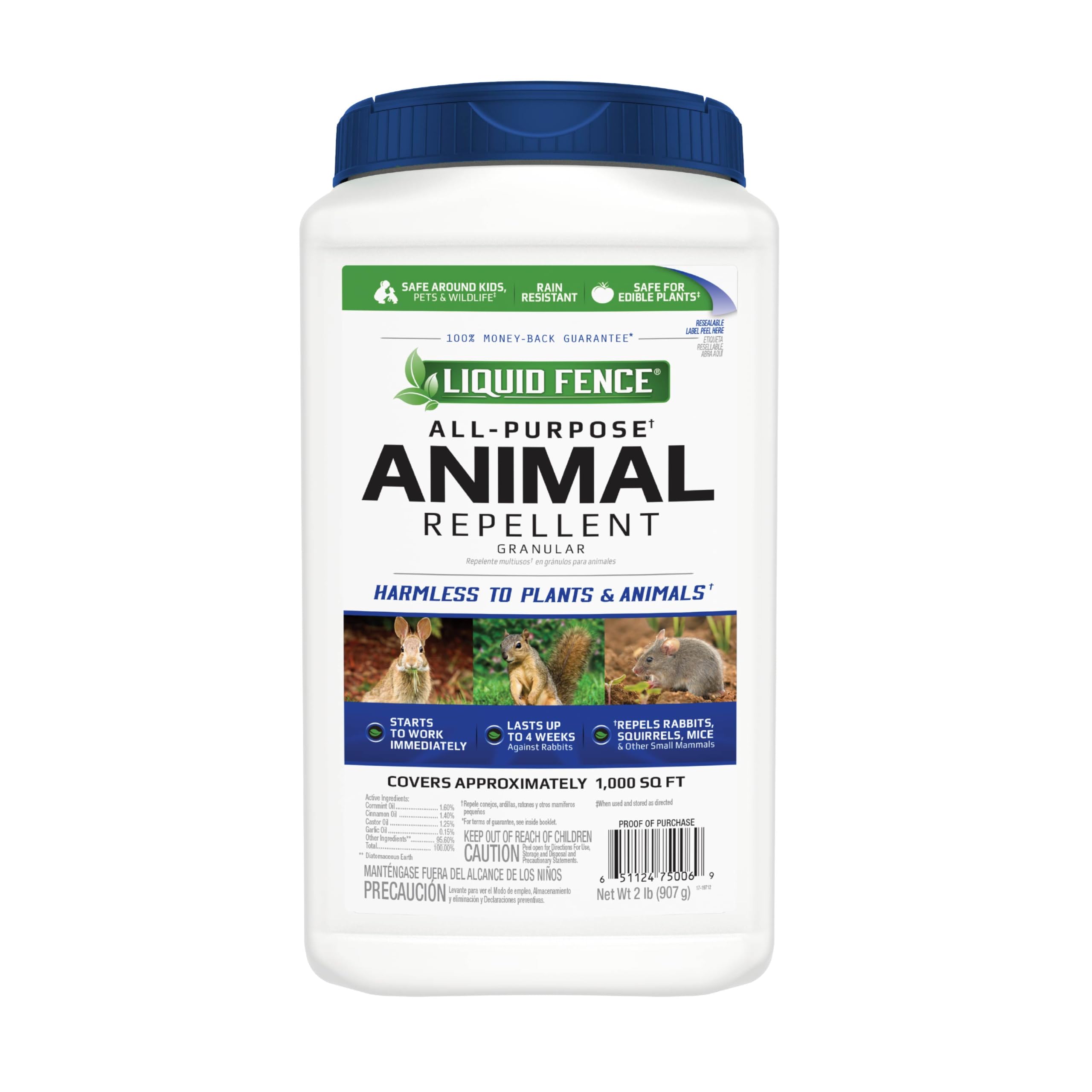 Liquid Fence Granular All-Purpose Repellent closeup on bag for garden pest protection.