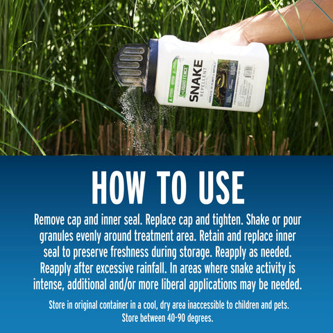 2 lb Liquid Fence bag shown as ready-to-use snake barrier.
