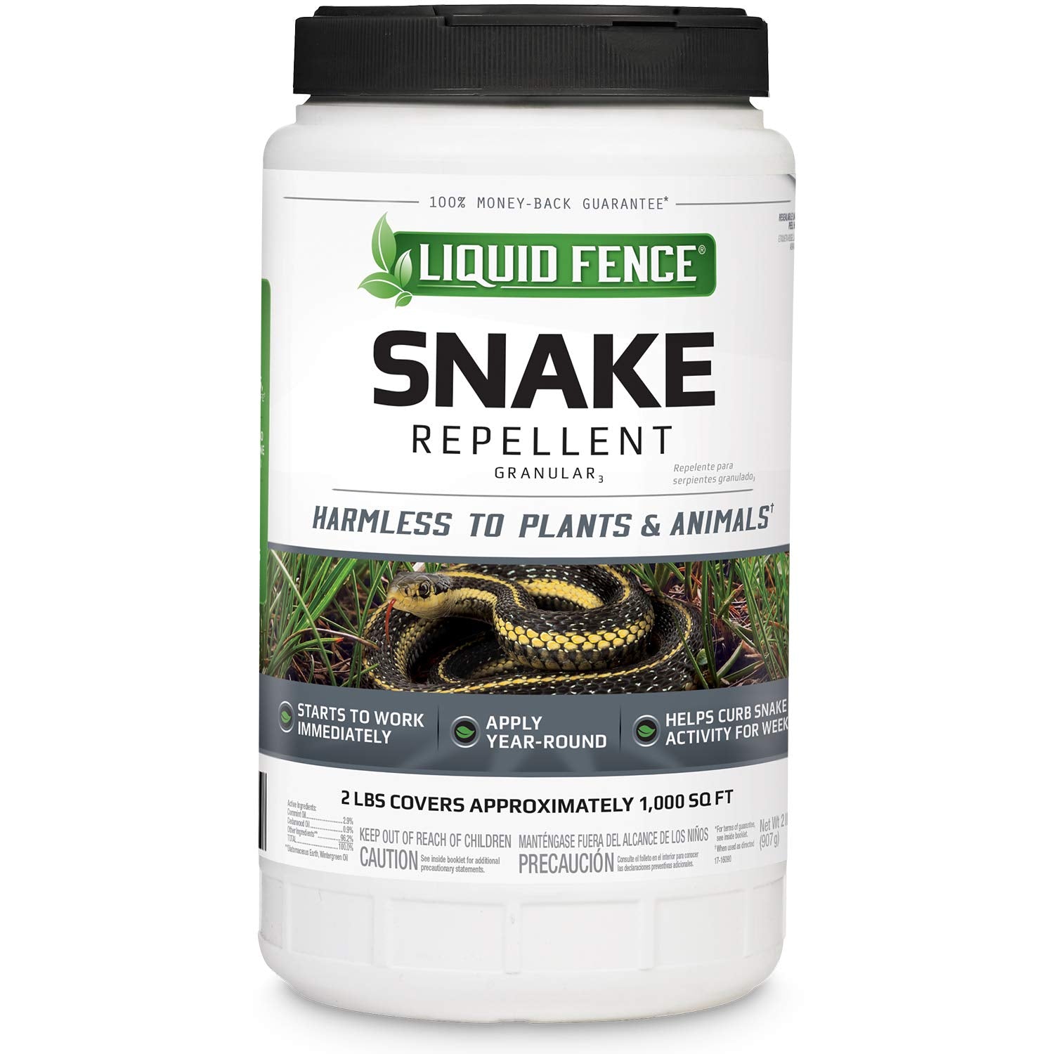 Liquid Fence snake repellent granules bottle for garden protection.