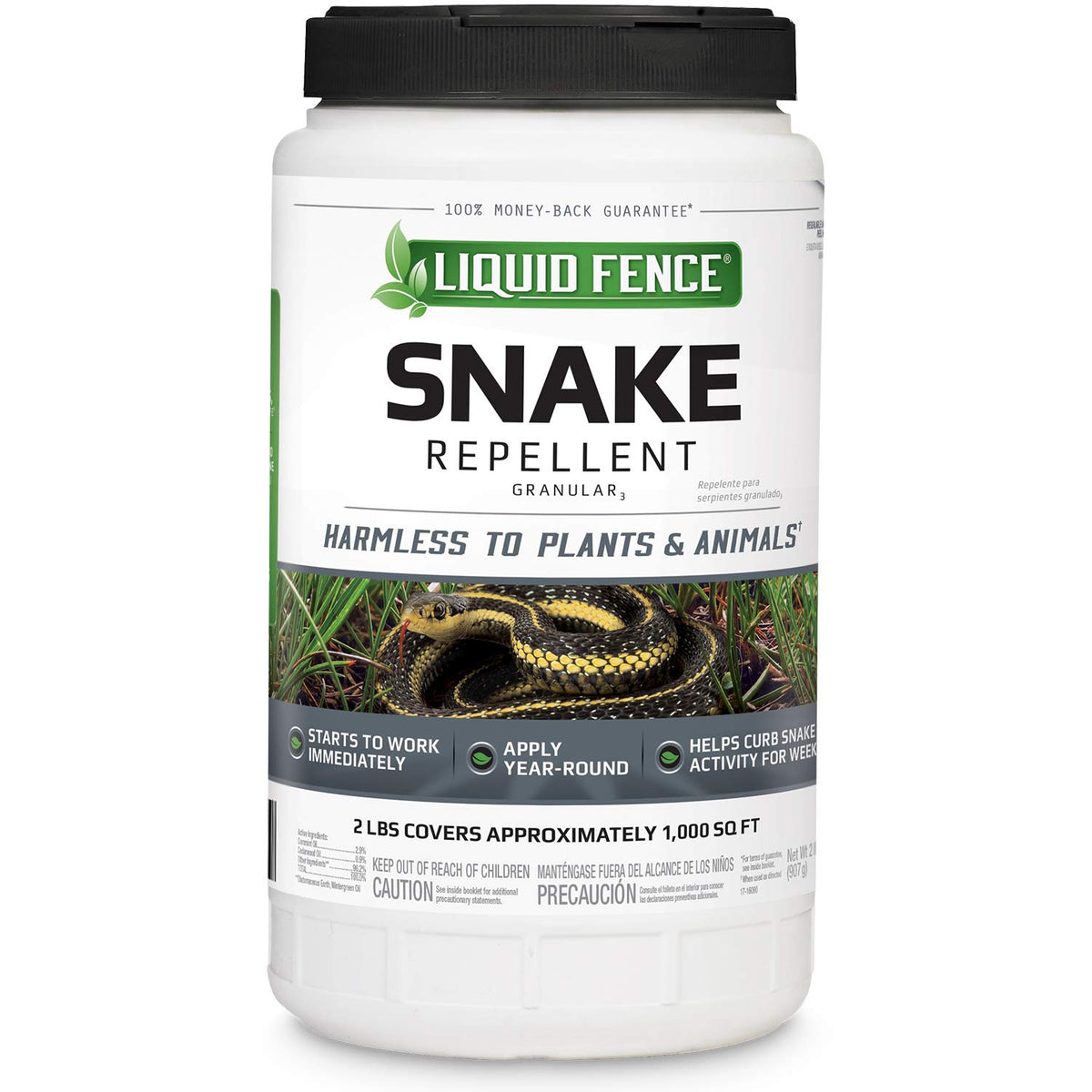 Liquid Fence snake repellent granules bottle for garden protection.