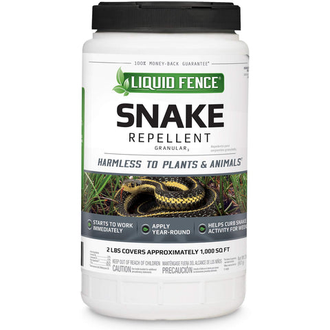 Liquid Fence snake repellent granules bottle for garden protection.