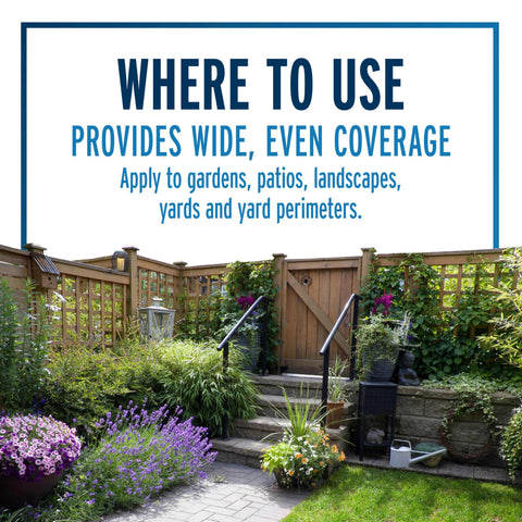 Backyard landscape treated with Liquid Fence granules for ongoing deterrence.