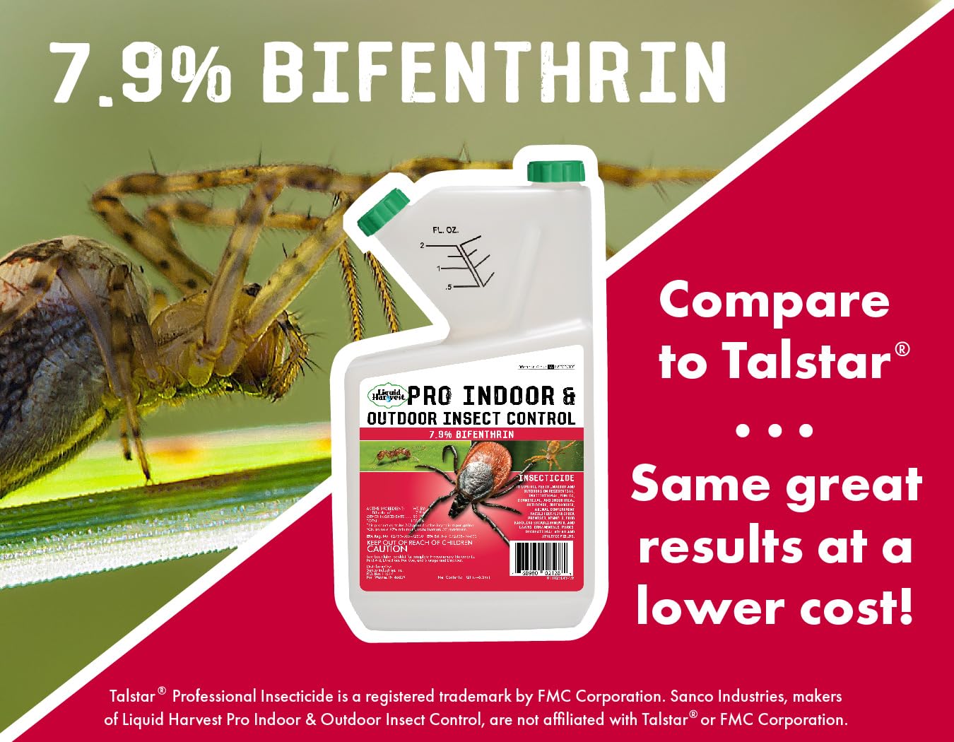 Liquid Harvest 7.9% bifenthrin bottle shows usage label for indoor outdoor use.