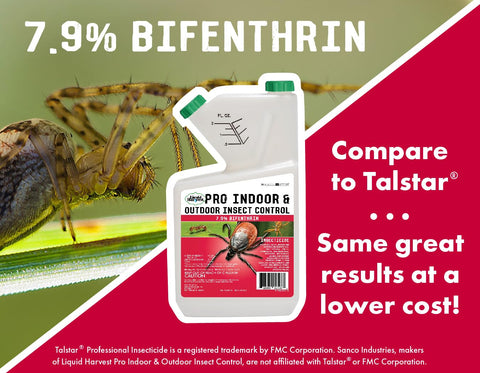 Liquid Harvest 7.9% bifenthrin bottle shows usage label for indoor outdoor use.