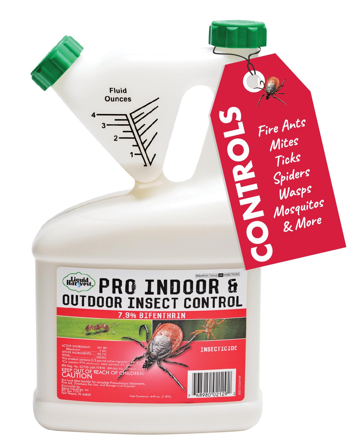 Liquid Harvest bifenthrin bottle 64oz for versatile indoor and outdoor pest control.