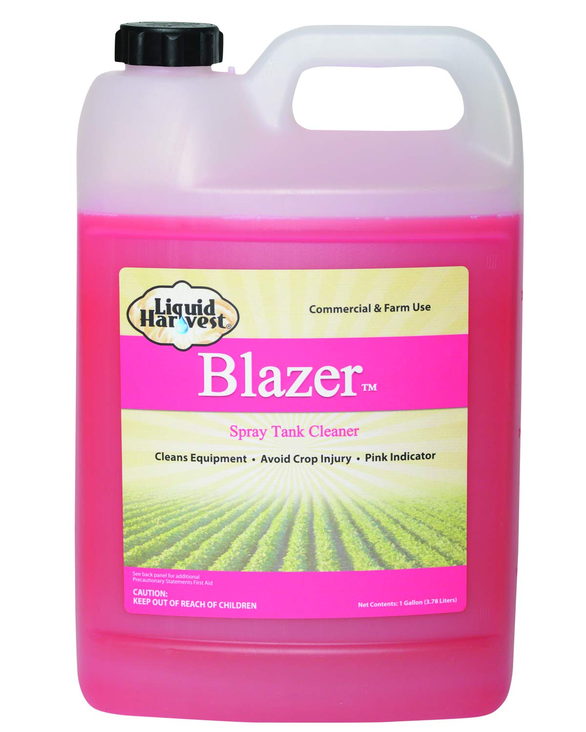 Liquid Harvest Blazer spray tank cleaner bottle pours pink formula for residue-free cleaning.