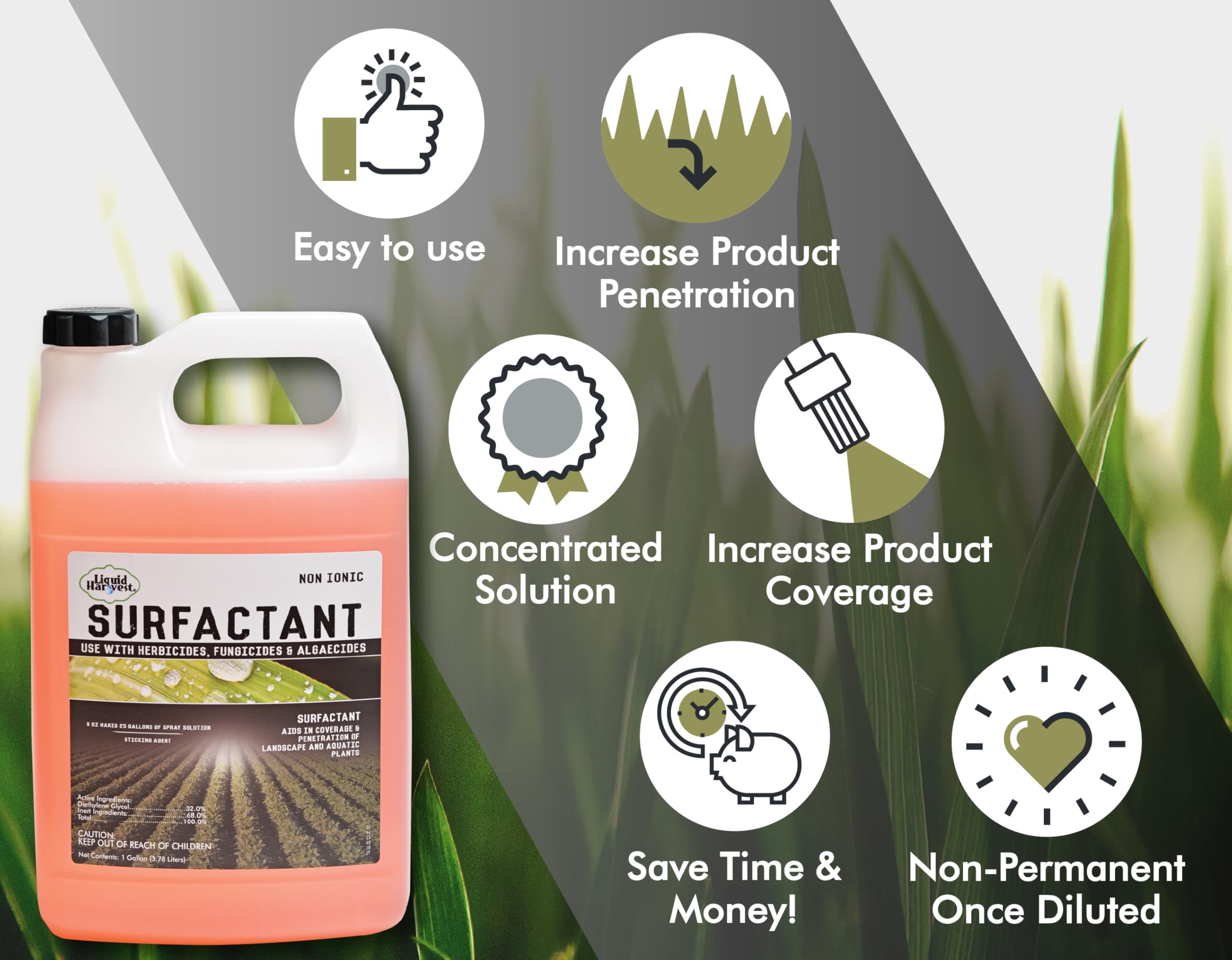 Liquid Harvest Concentrated Surfactant label highlights product details for informed use