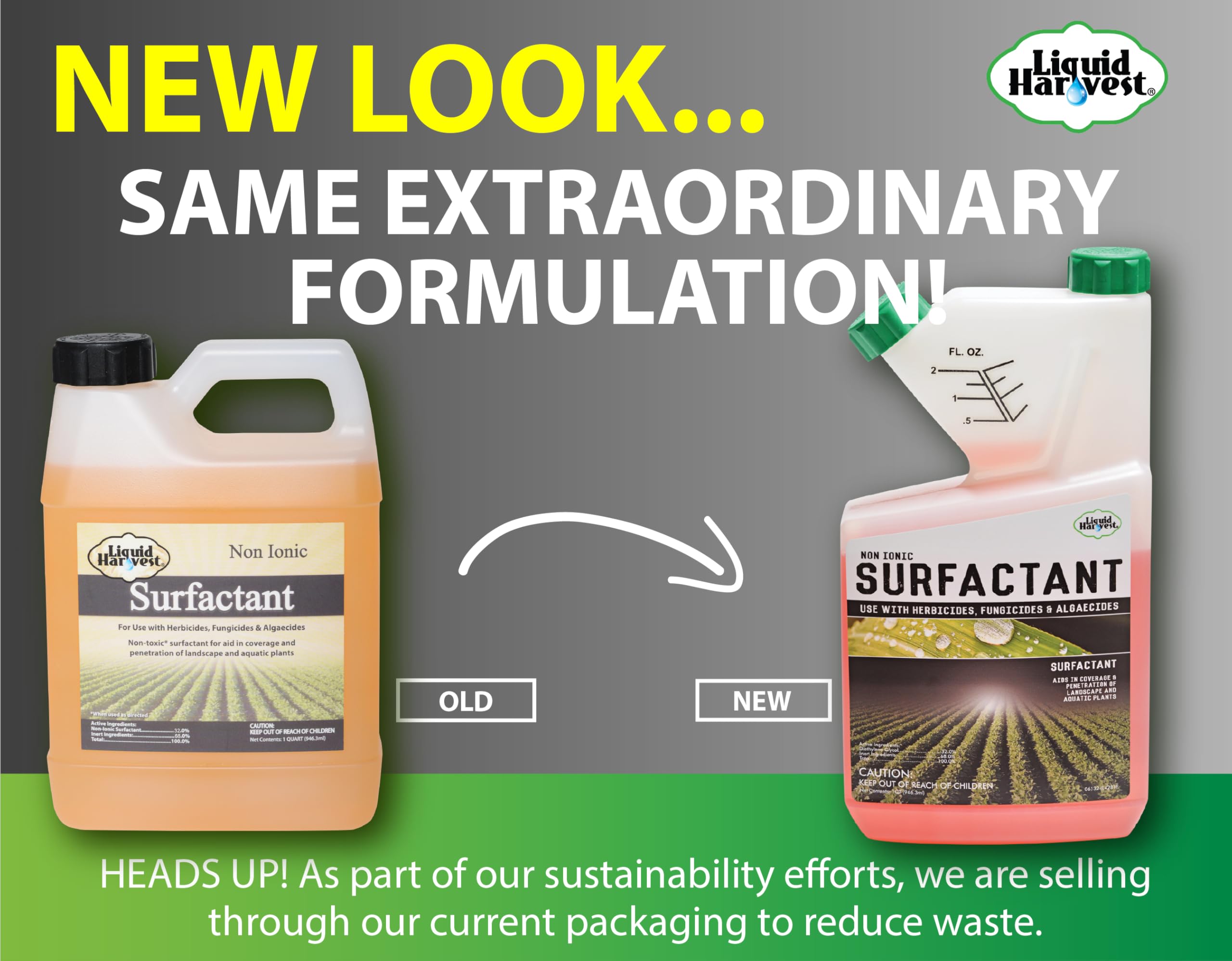Liquid Harvest measuring cup image emphasizes precise mixing and coverage