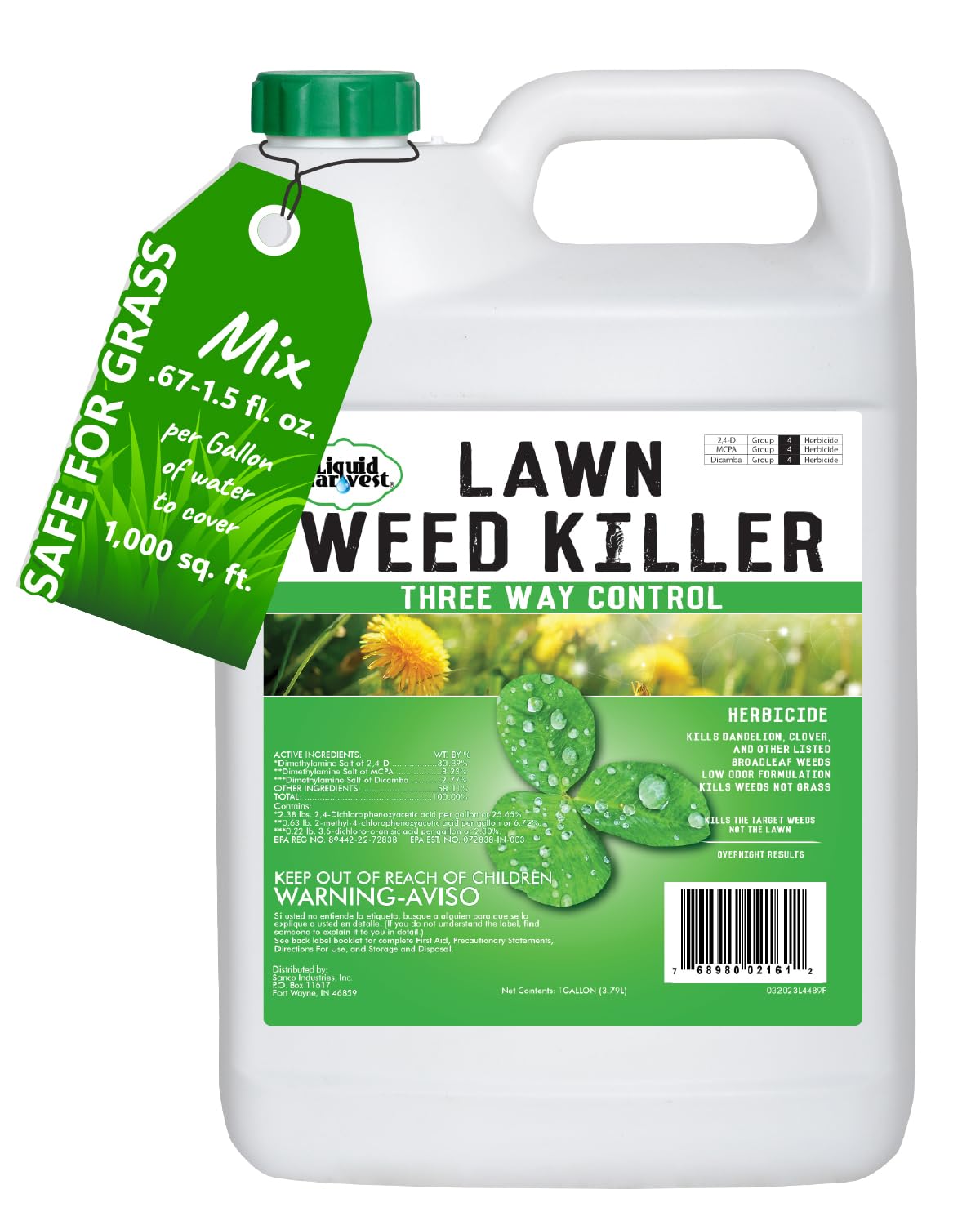 Liquid Harvest Lawn Weed Killer bottle for easy broadleaf weed control in lawns