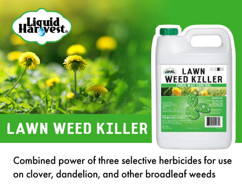 Liquid Harvest concentrate label highlighting three-way control and active ingredients