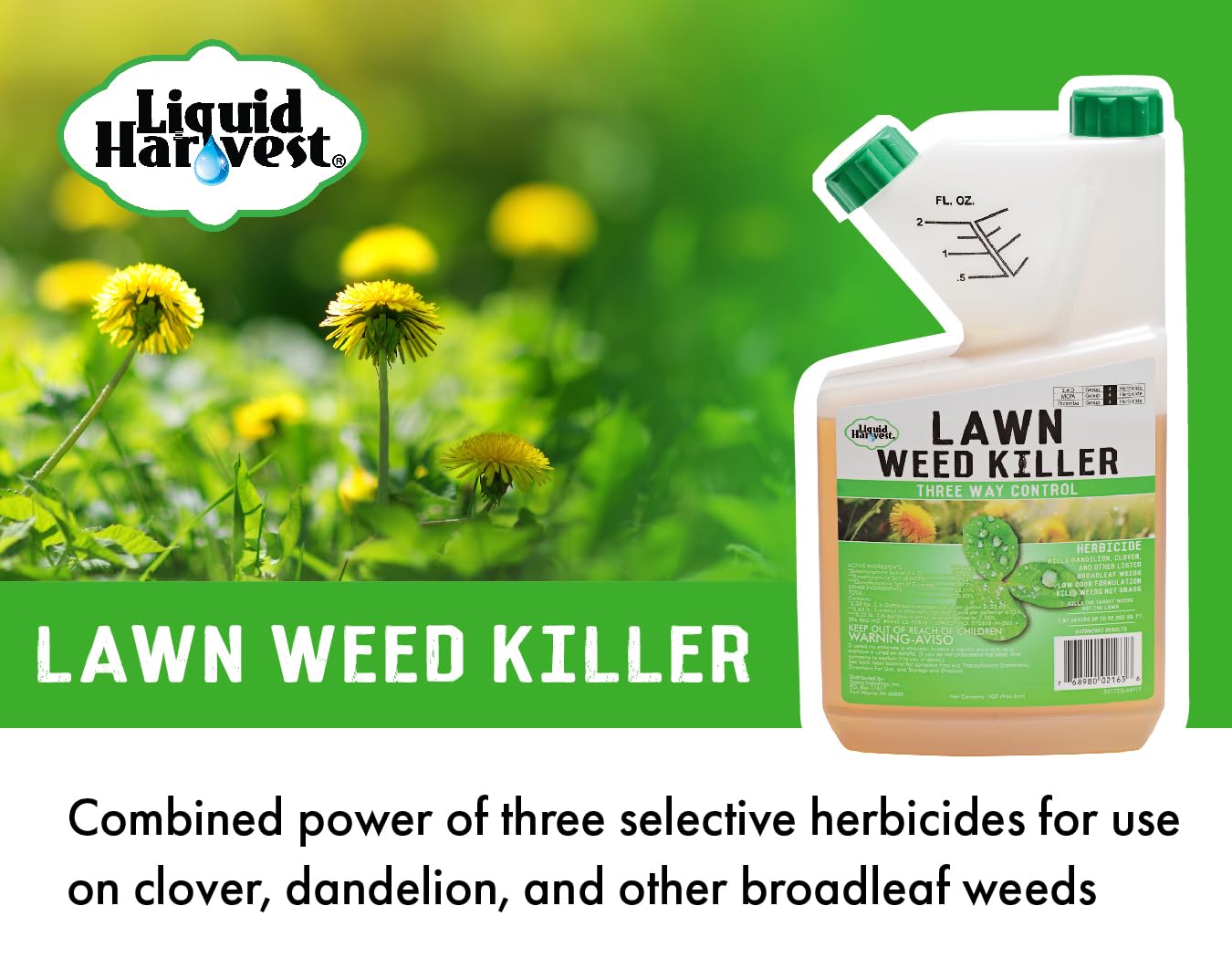 Liquid Harvest Lawn Weed Killer label closeup highlights active ingredients clearly.