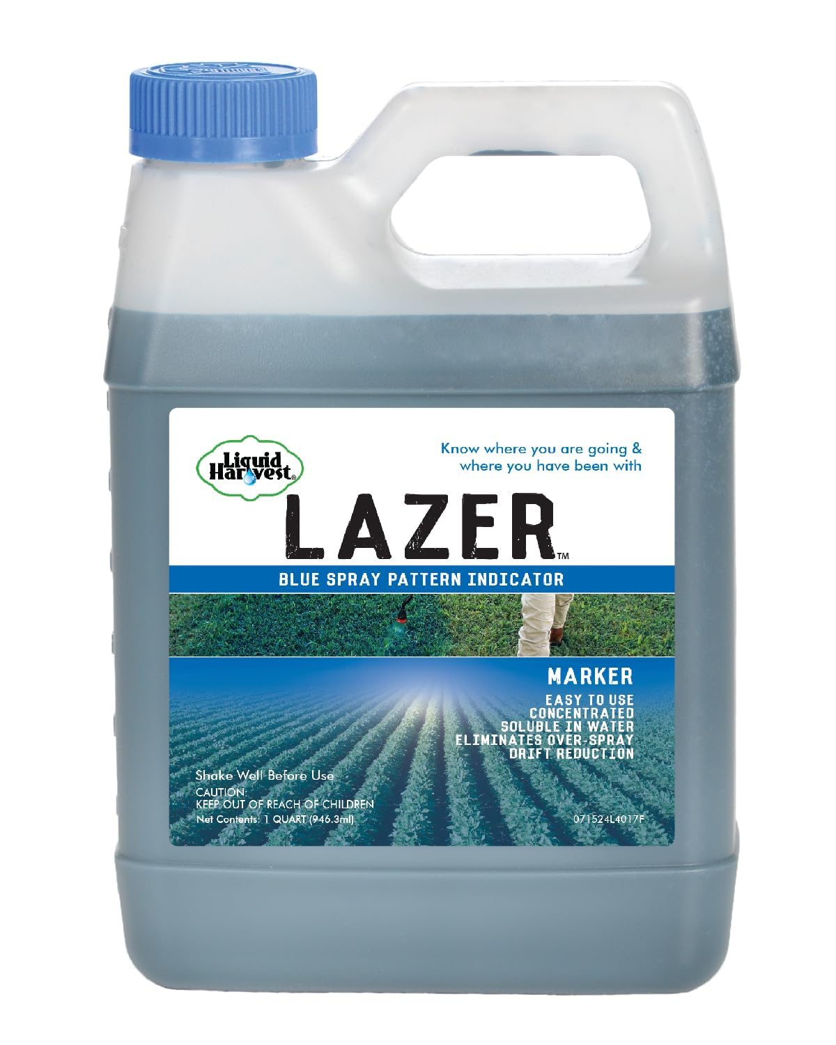 Liquid Harvest Lazer Blue bottle marker visible on turf for spray tracking