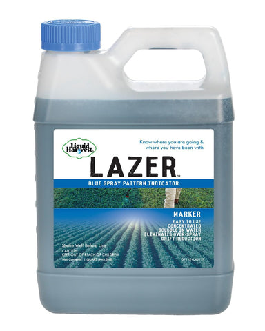 Liquid Harvest Lazer Blue bottle marker visible on turf for spray tracking