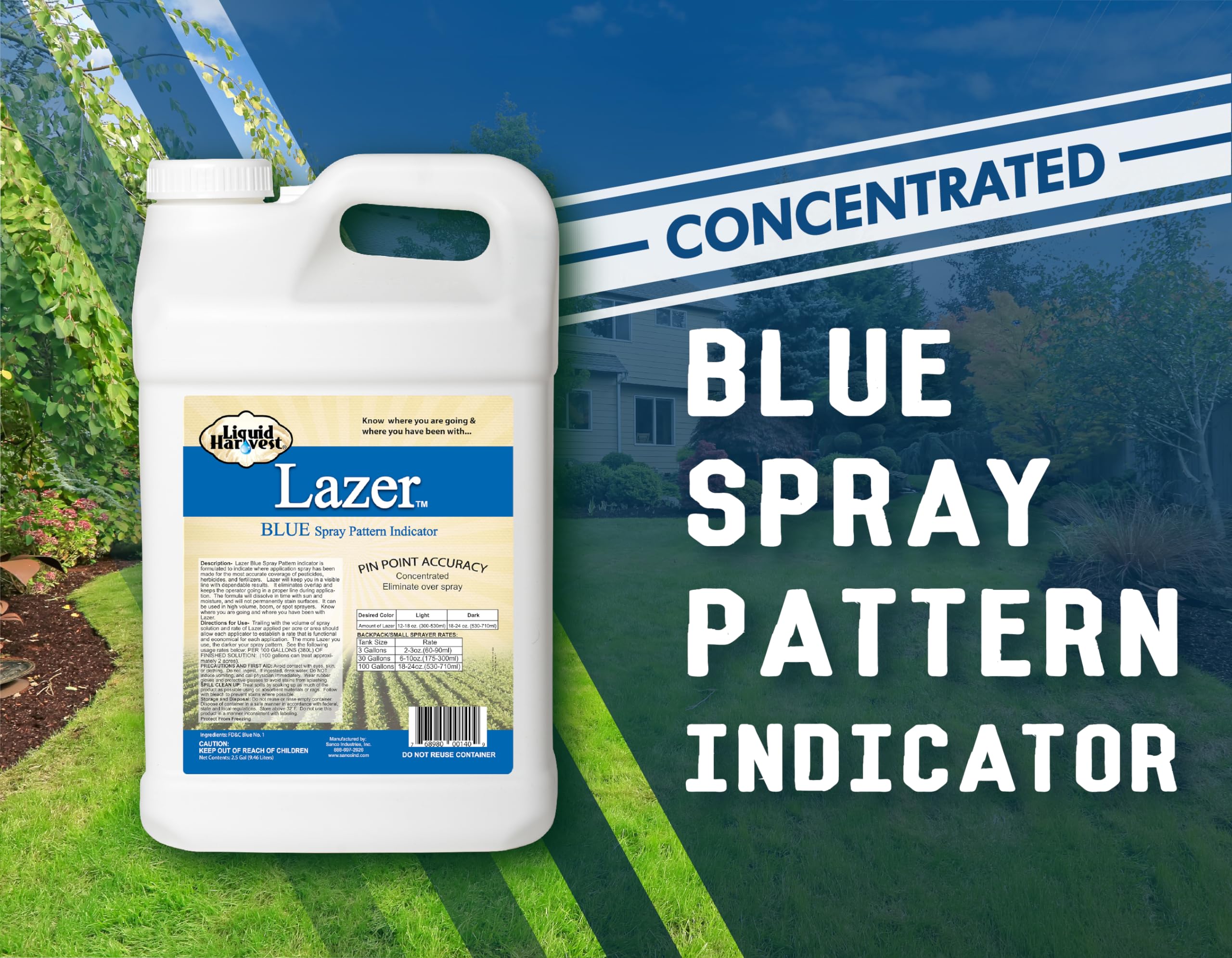 Liquid Harvest Lazer Blue concentrated dye bottle provides visible coverage and drift prevention.