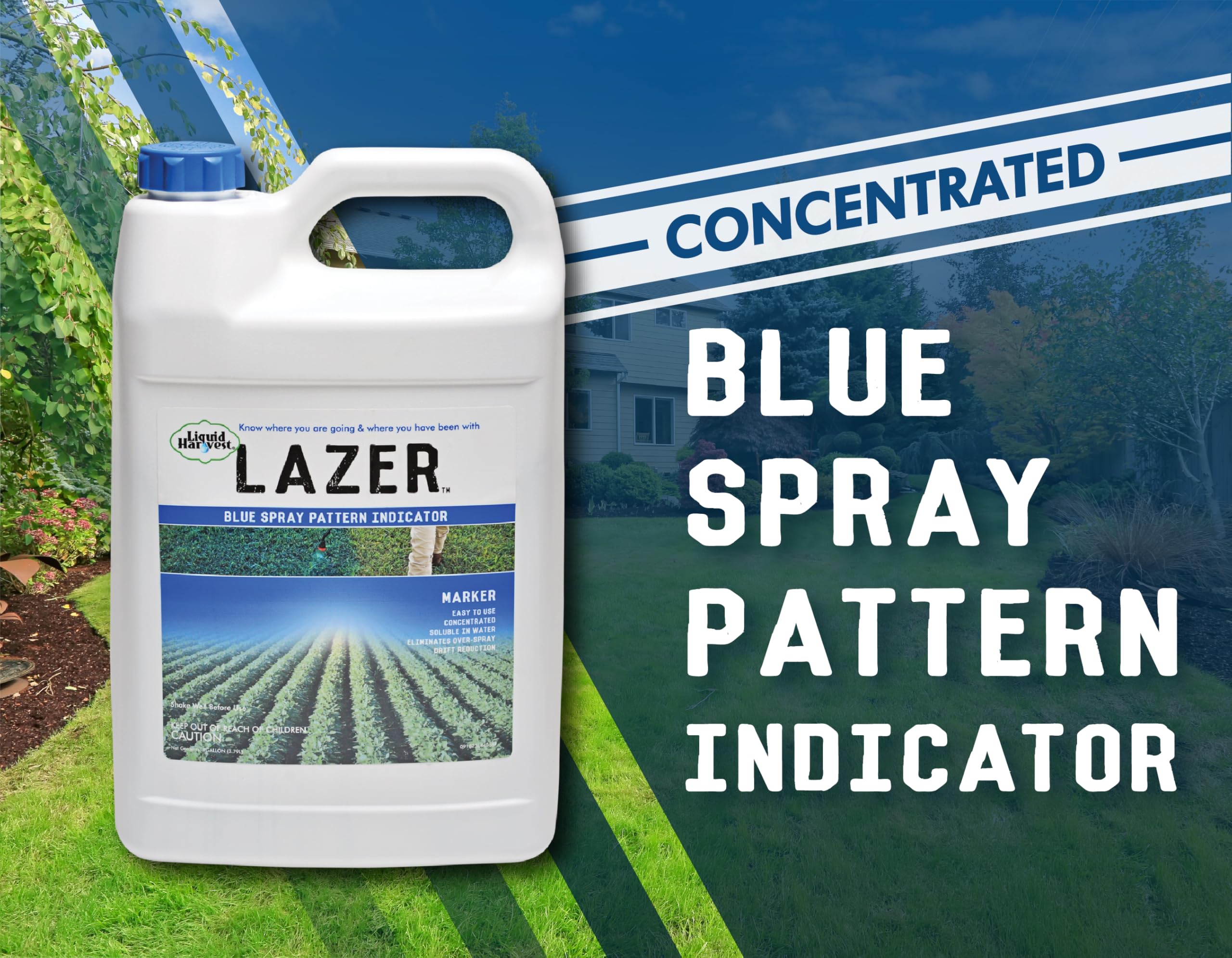 Liquid Harvest Lazer Blue label demonstrates visible coverage during herbicide applications.