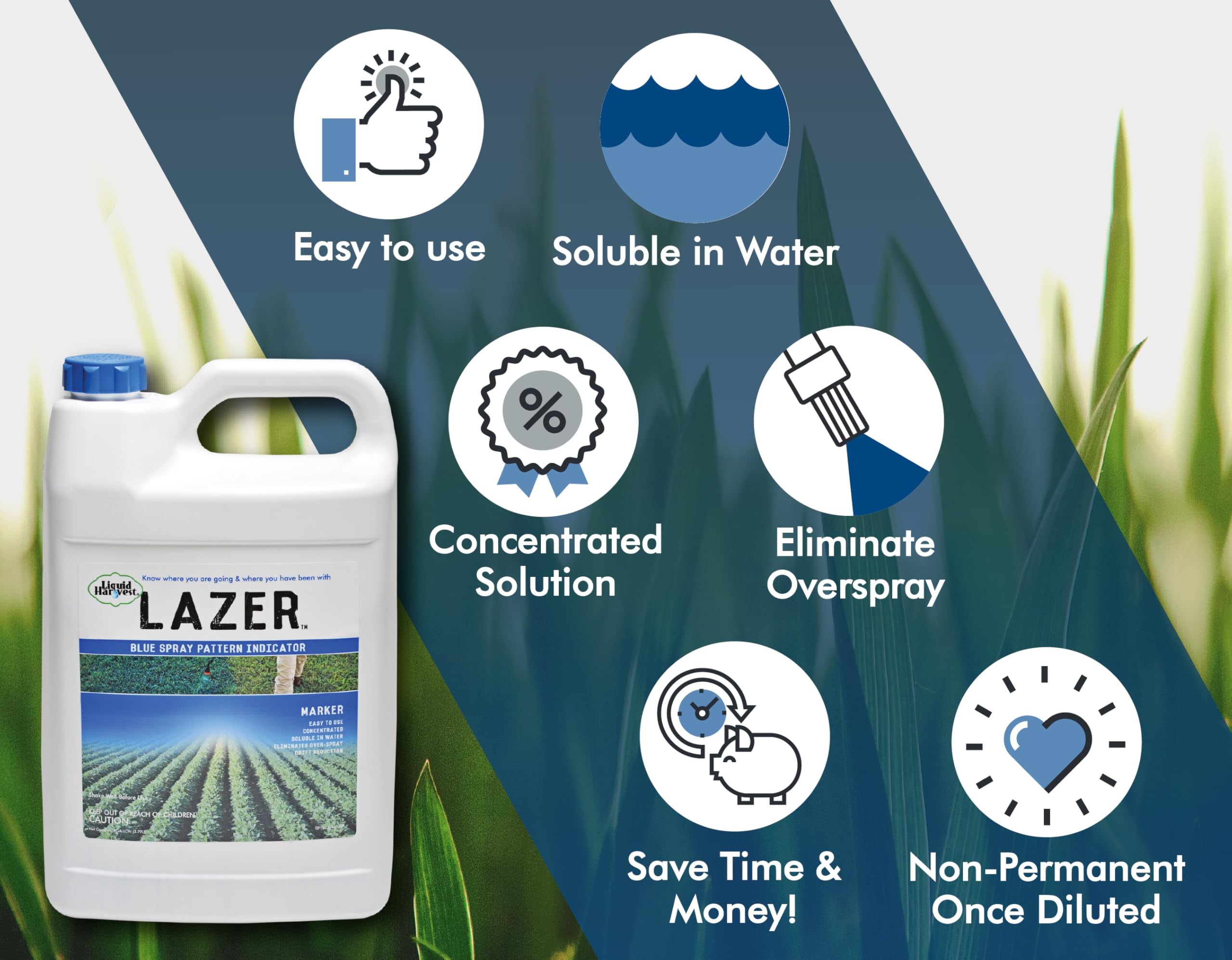 Liquid Harvest Lazer Blue turf marker highlights sprayed zones for efficient mowing plans.