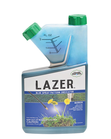 Liquid Harvest Lazer Blue bottle displays spray coverage for precise application.