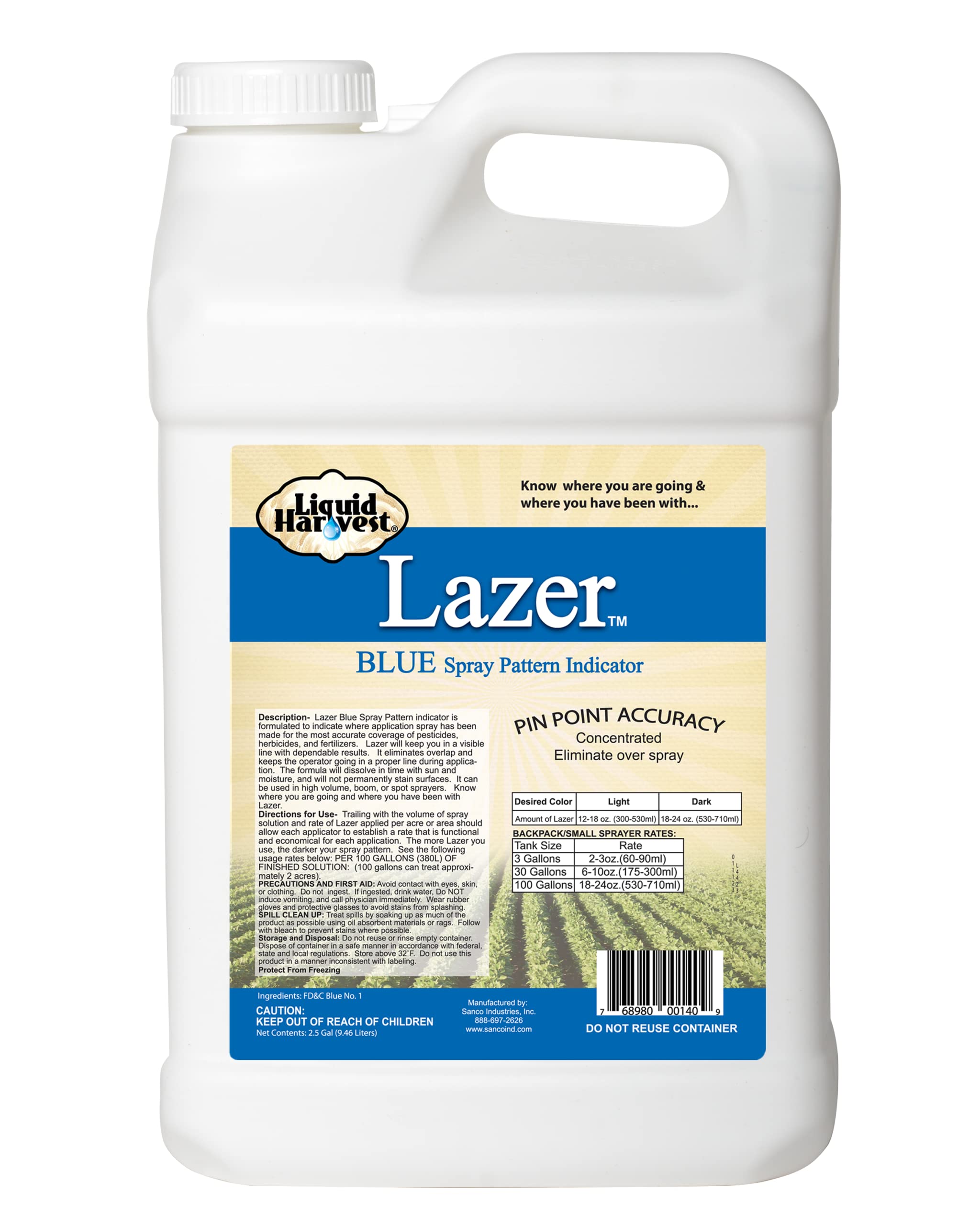Liquid Harvest Lazer Blue spray-pattern-indicator package shows precise coverage for easier application.