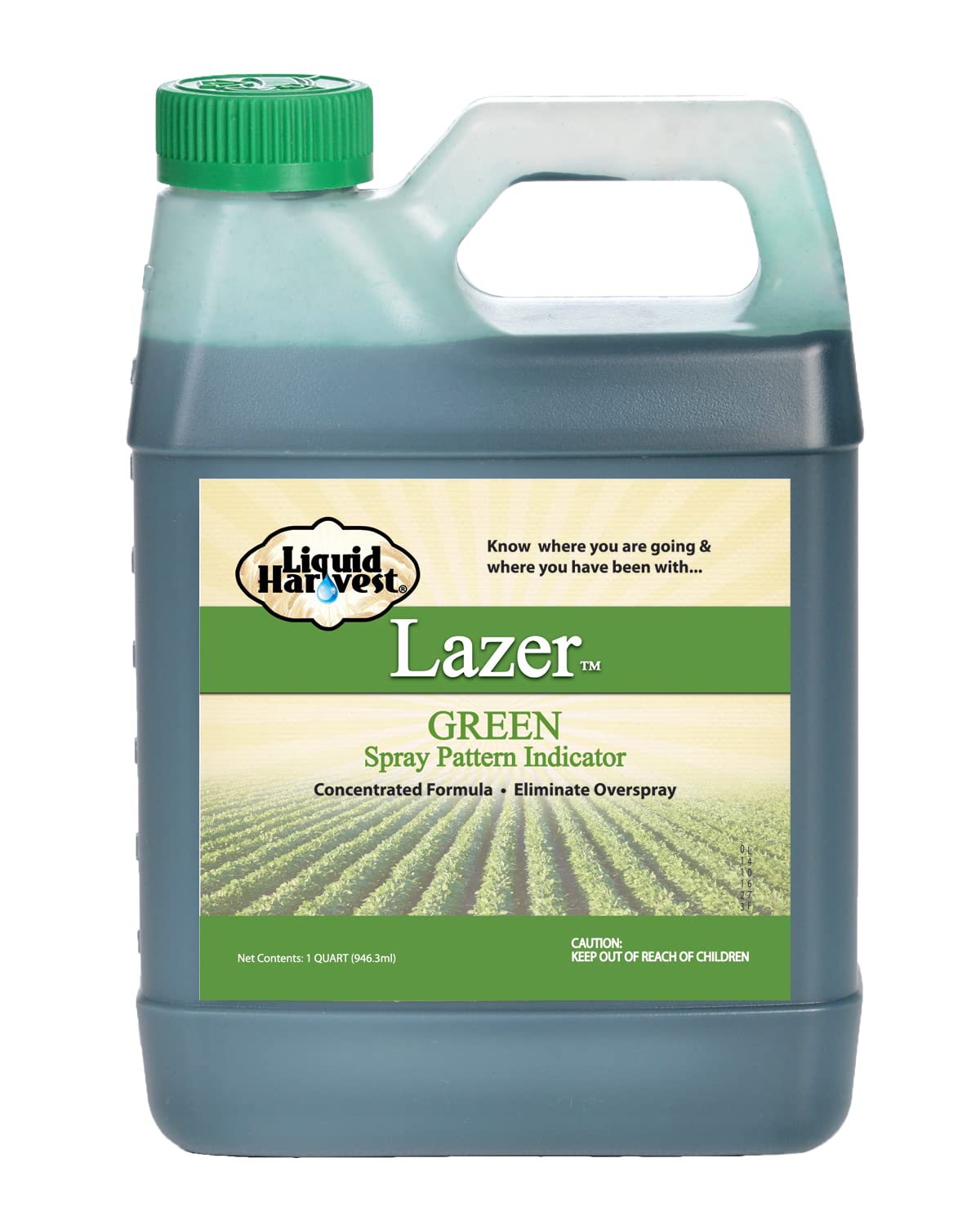 Liquid Harvest Lazer Green bottle pouring to mark spray on turf